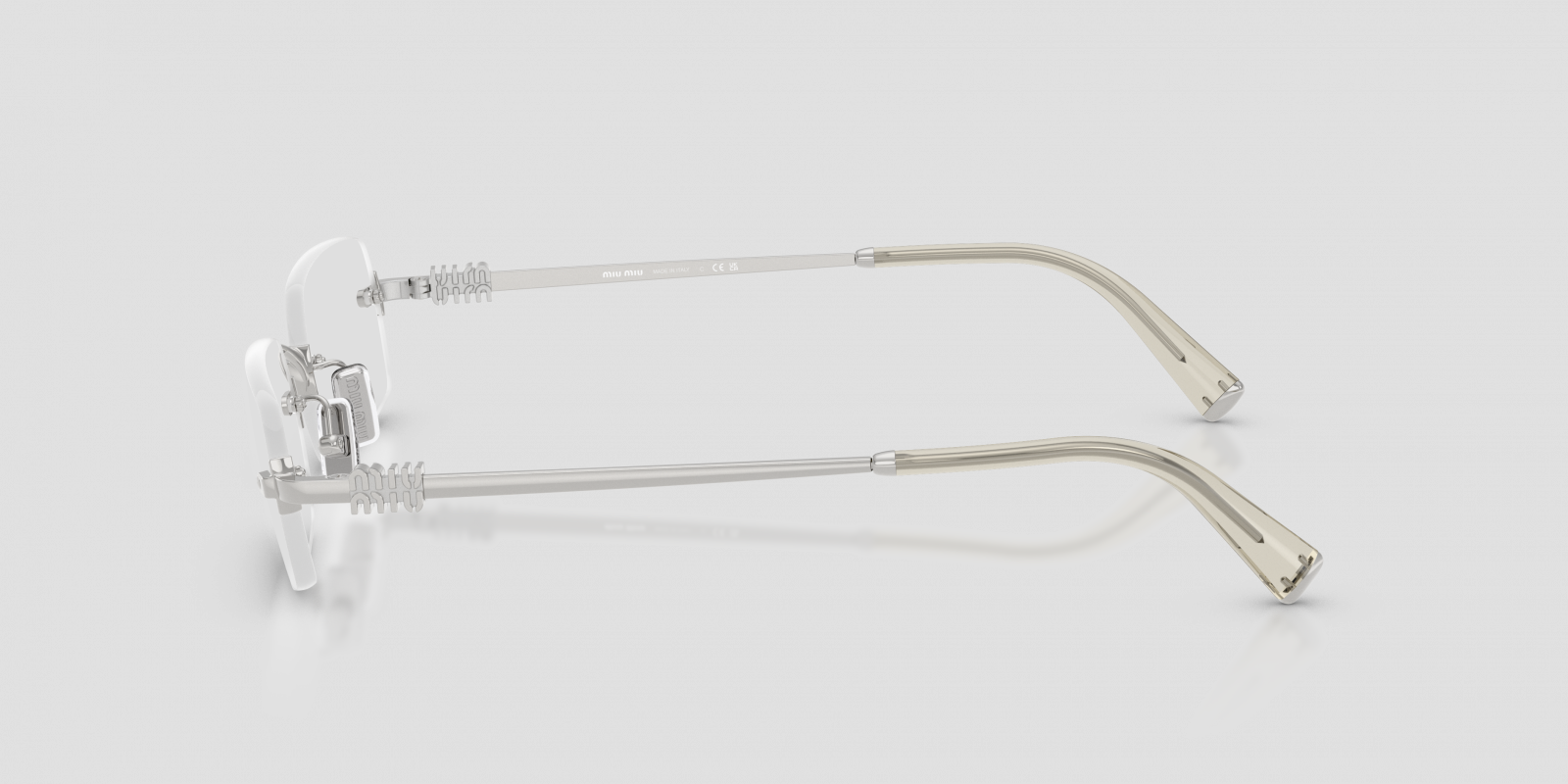 mặt ngang bên hông kính Miu Miu MU 50YV 1BC1O1 Rimless Silver Eyeglasses