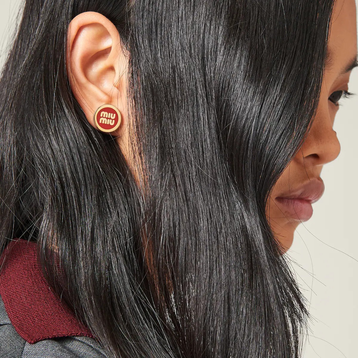 wearing Miu Miu Red Enameled Metal Earrings 5JO912_2F6T_F0011