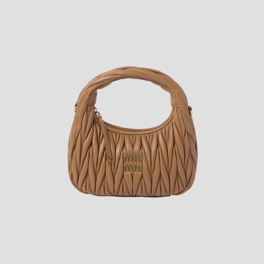 MIU MIU WANDER MATELASSÉ NAPPA LEATHER HOBO BAG IN CARAMEL 5BC125 N88 F098L