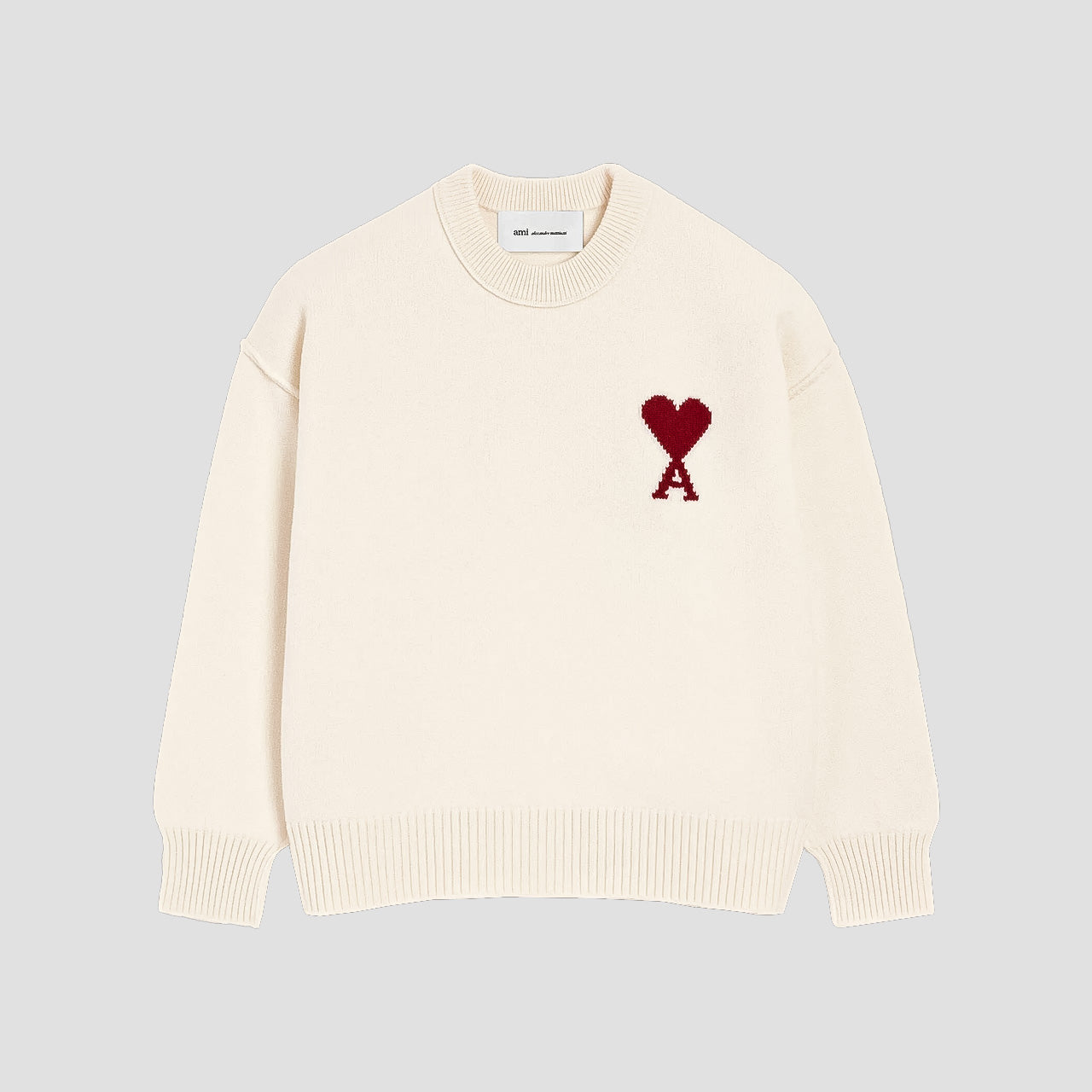 Ami Paris Natural Wool Crewneck Sweater With Contrasted Ami De Coeur Off/White UKS838.018.154