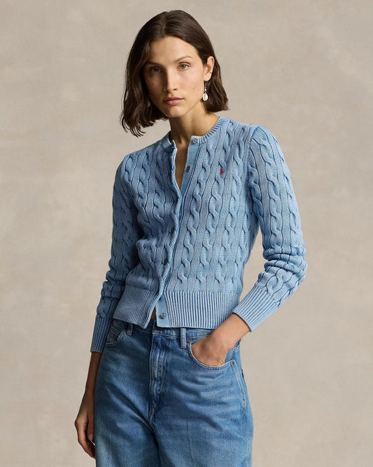 wearing Polo Ralph Lauren Cable-Knit Cotton Cardigan Chambray Indigo 100027355