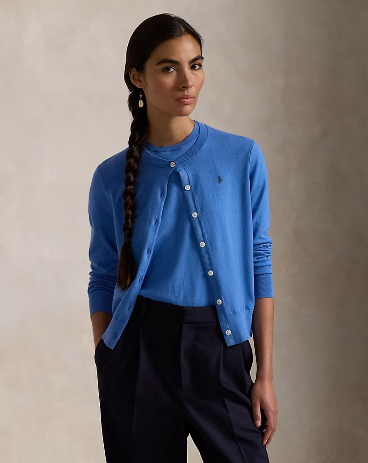 Woman wearing a Polo Ralph Lauren Cotton-Blend Cardigan – Pond Blue 211891672025 with a plain background