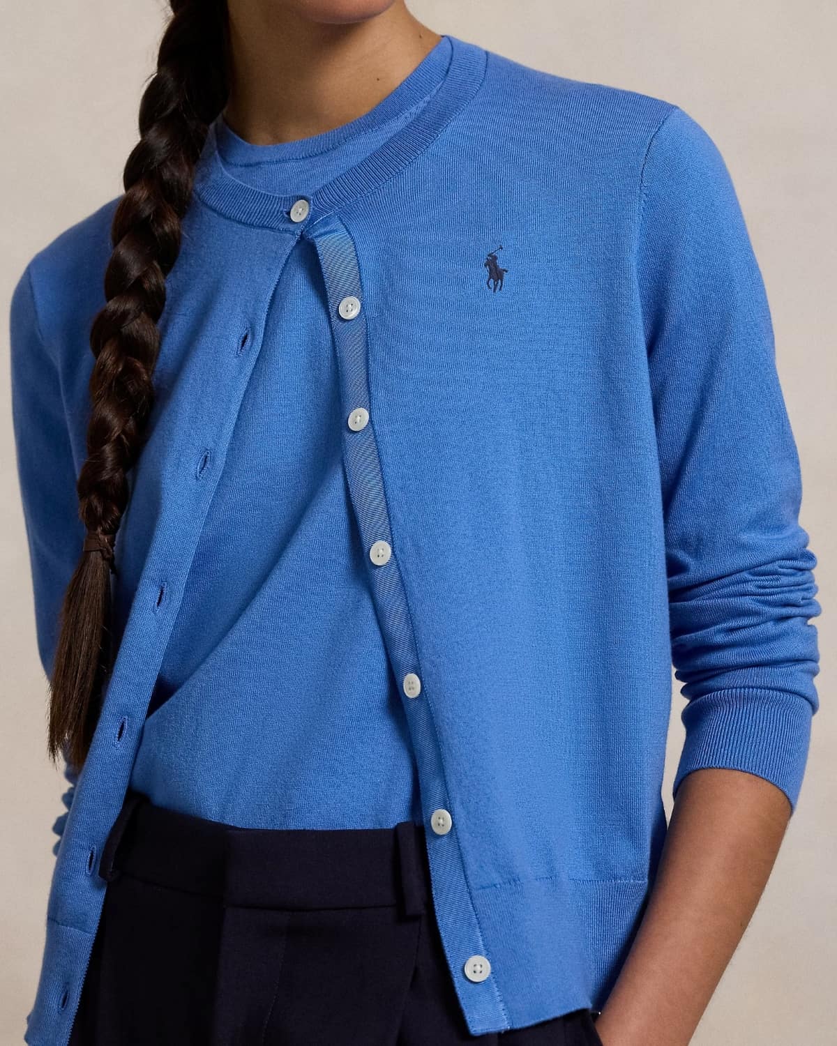 Polo Ralph Lauren Cotton-Blend Cardigan – Pond Blue 211891672025 with a brand logo worn by a person on a neutral background