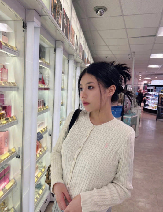 wearing Polo Ralph Lauren Mini-Cable Cotton Cardigan White Pink Pony 3616858176865