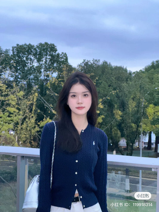 mẫu mặc áo POLO RALPH LAUREN NAVY MINI-CABLE COTTON CARDIGAN CWPOSWEG6820064