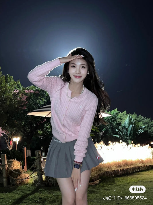 mẫu mặc áo POLO RALPH LAUREN PINK MINI-CABLE COTTON CARDIGAN CWPOSWEG6820063