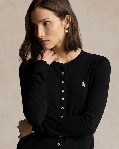 Woman wearing a Polo Ralph Lauren Stretch Mesh Cotton Crewneck Cardigan – Black 211941175002 with a small logo on a beige background