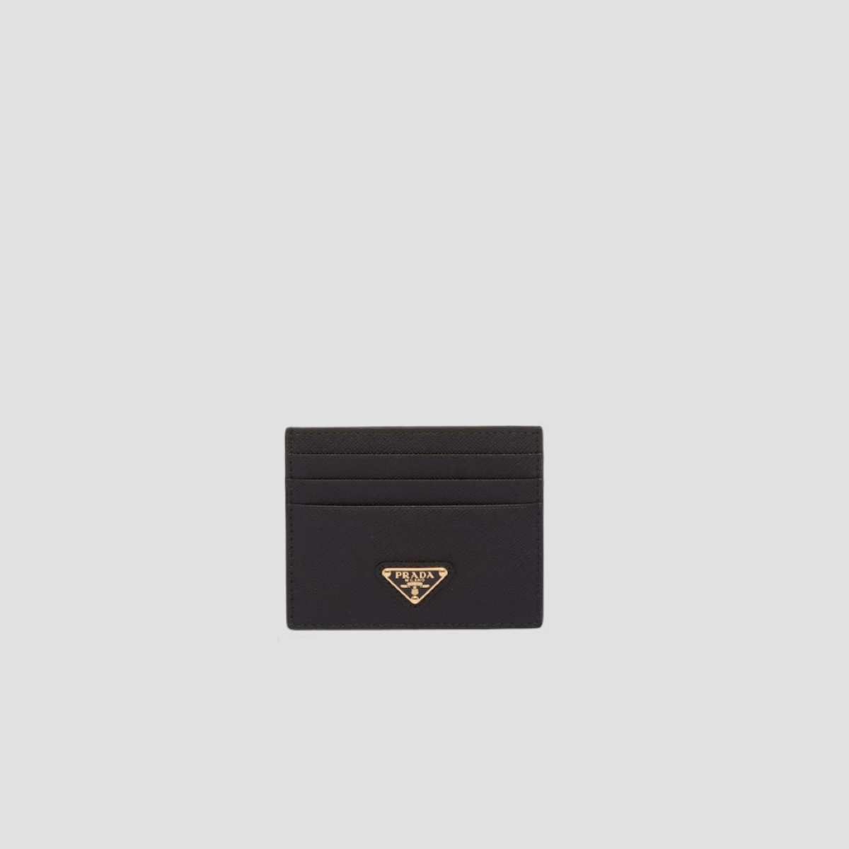 PRADA BLACK SAFFIANO LEATHER CARD HOLDER GOLD METAL TRIANGLE LOGO 1MC025_QHH_F0002