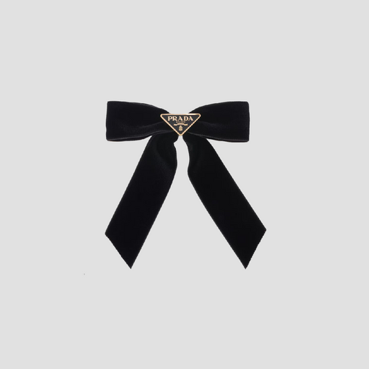 Prada Black Velvet Bow Hair Clip with Enameled Triangle Logo 1IF154_068_F0002