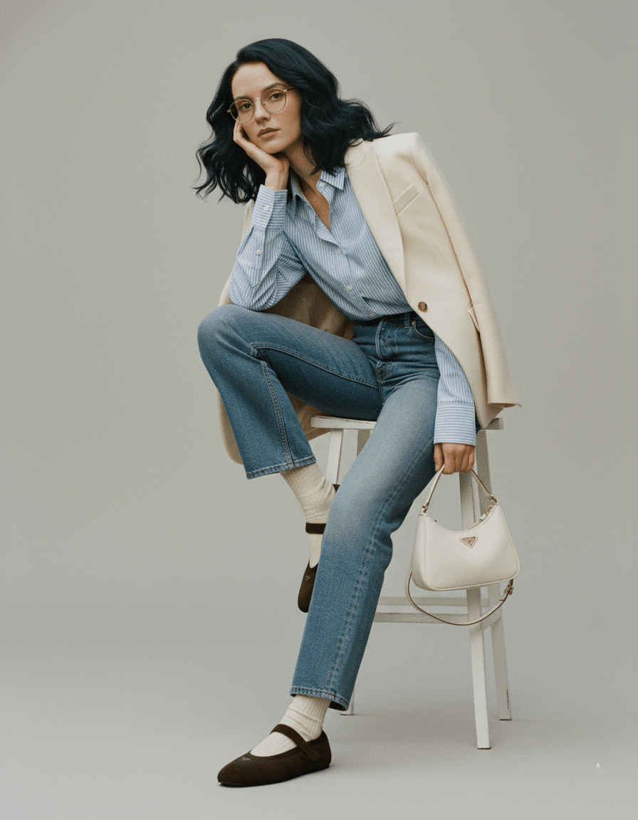 Woman sitting on a chair wearing a light coat, blue jeans, and holding a white handbag with Prada Coffee Collapse Re-Nylon and Suede Ballerinas 1F215O_D7C_F0201_F_005