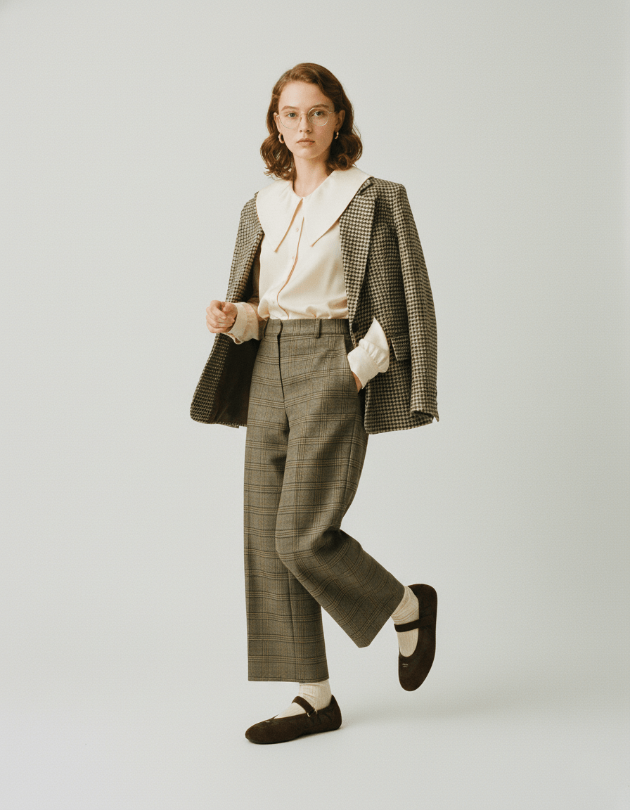 Woman wearing a checkered suit and Prada Coffee Collapse Re-Nylon and Suede Ballerinas 1F215O_D7C_F0201_F_005 with a white shirt on a plain background