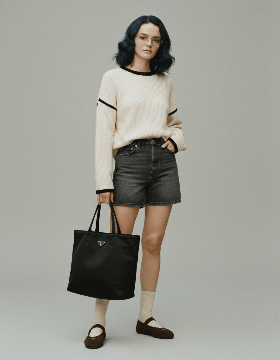 Woman wearing Prada Coffee Collapse Re-Nylon and Suede Ballerinas 1F215O_D7C_F0201_F_005, holding a black tote bag against a plain background