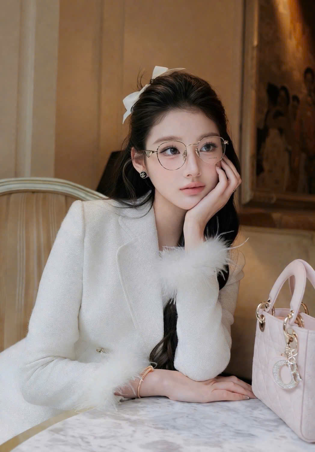 Woman wearing Prada PR A50V ZVN1O1 Round Gold Eyeglasses in a white outfit with a pink handbag in an indoor setting