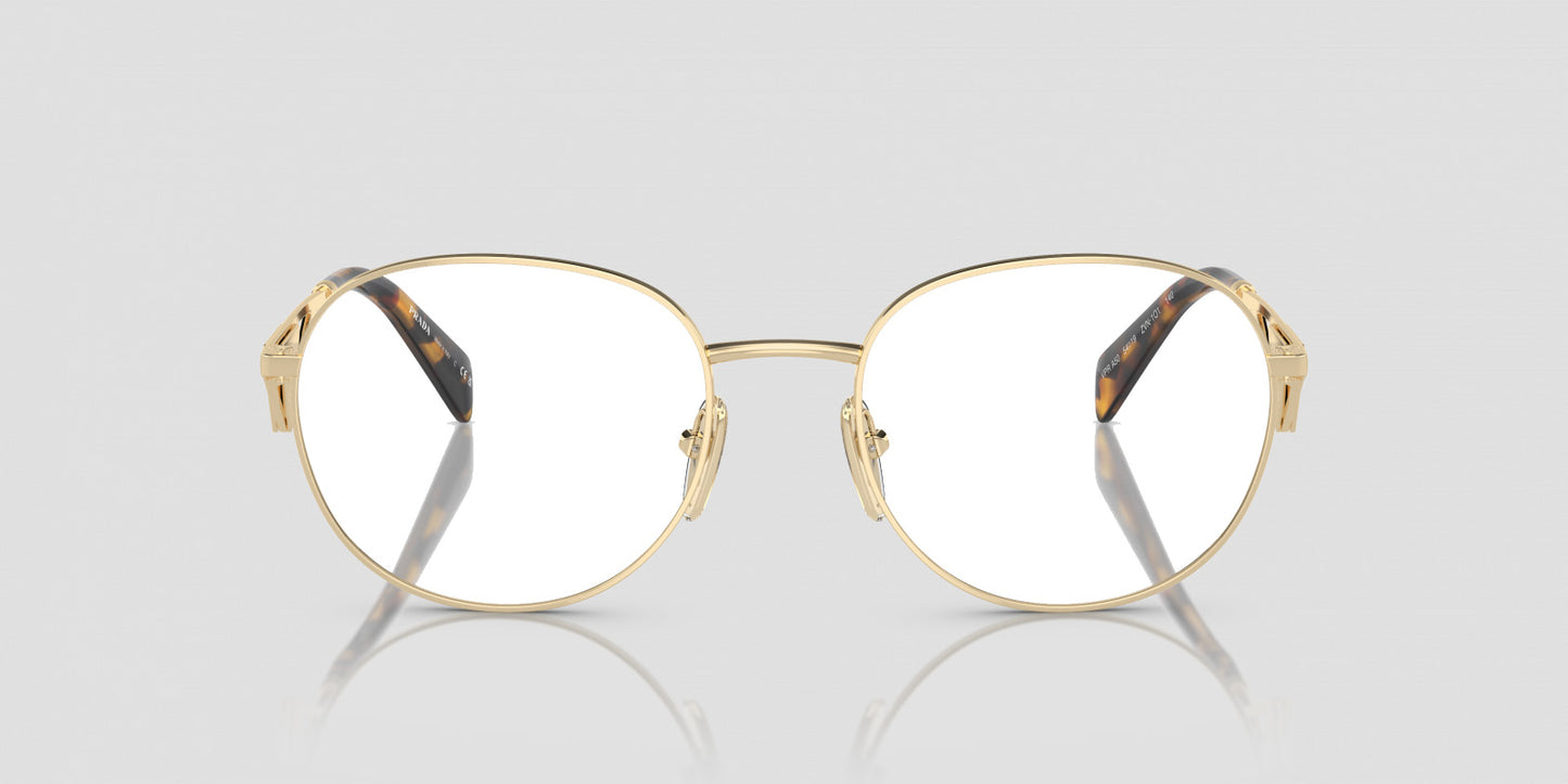 Prada PR A50V ZVN1O1 Round Gold Eyeglasses with tortoiseshell accents on a light gray background