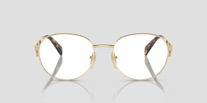 Prada PR A50V ZVN1O1 Round Gold Eyeglasses with tortoiseshell accents on a light gray background