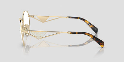 Prada PR A50V ZVN1O1 Round Gold Eyeglasses with tortoiseshell arms on a light gray background