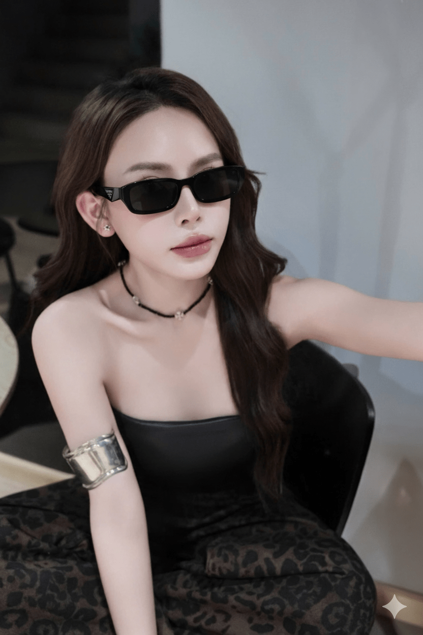 Woman wearing Prada PR B06S 16K08Z Square Symbole Sunglasses and a black dress with a blurred background