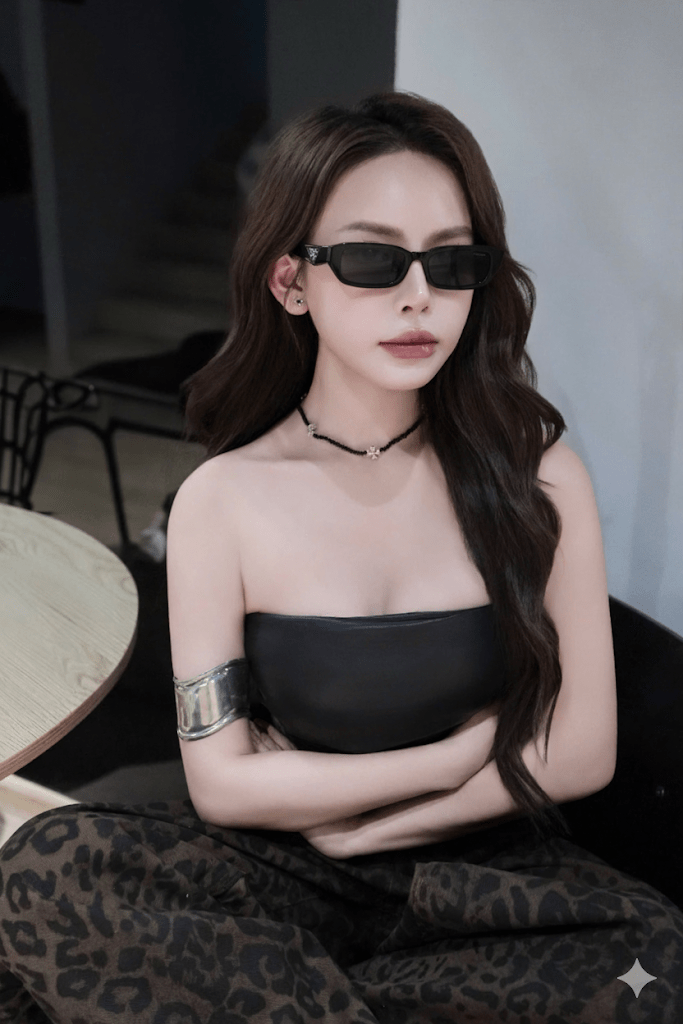 Woman wearing a black dress and Prada PR B06S 16K08Z Square Symbole Sunglasses indoors