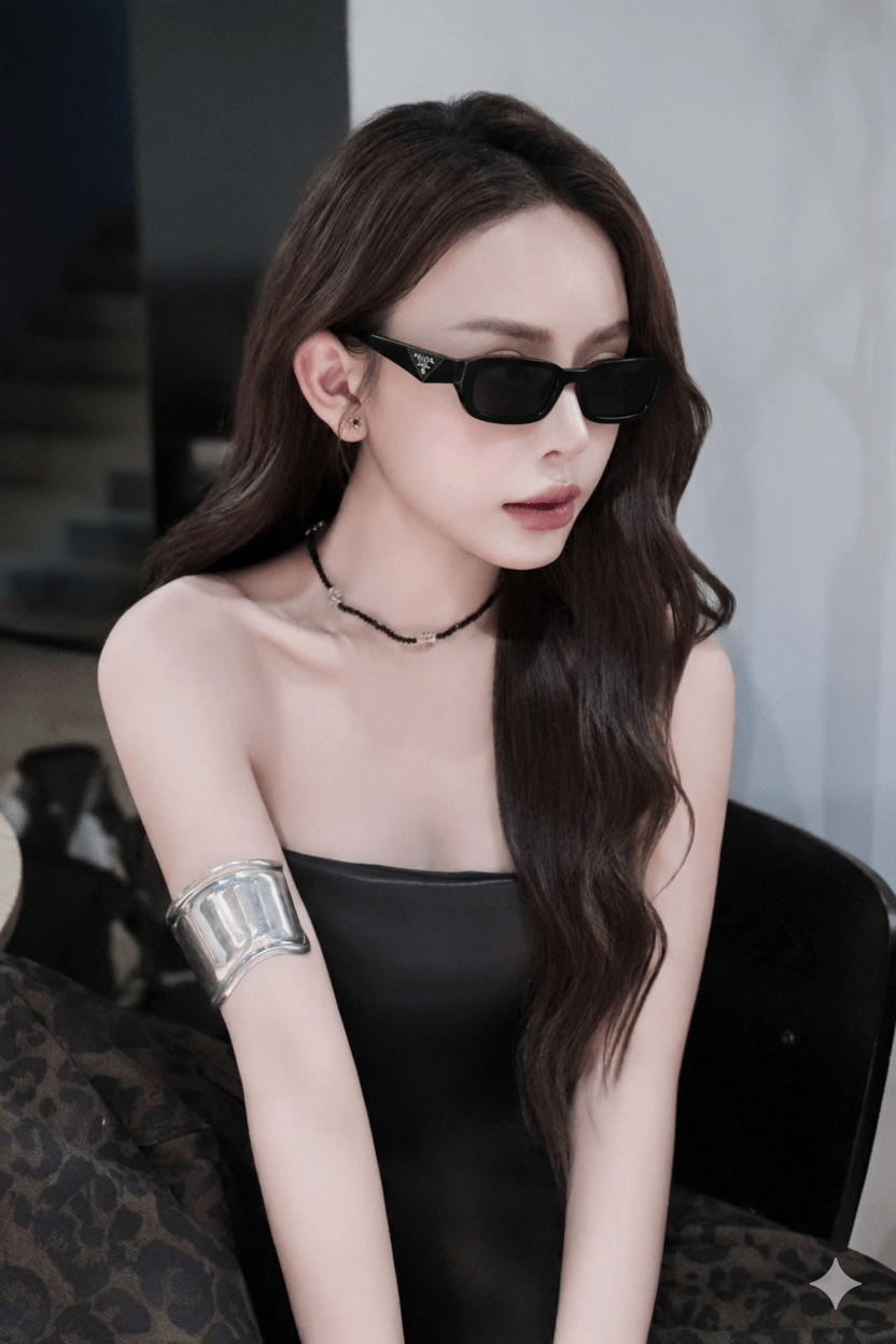 Woman wearing Prada PR B06S 16K08Z Square Symbole Sunglasses and a black dress with a blurred background