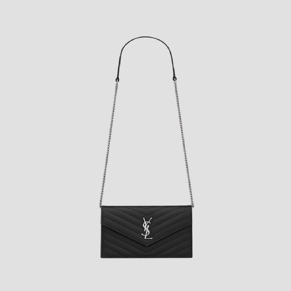 SAINT LAURENT CASSANDRE ENVELOPE WOC IN BLACK GRAIN DE POUDRE LEATHER CHROME 742920BOW021000