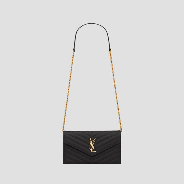 SAINT LAURENT CASSANDRE ENVELOPE WOC IN BLACK GOLD GRAIN DE POUDRE LEATHER 742920BOW011000