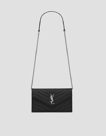 SAINT LAURENT CASSANDRE ENVELOPE WOC IN BLACK GRAIN DE POUDRE LEATHER 