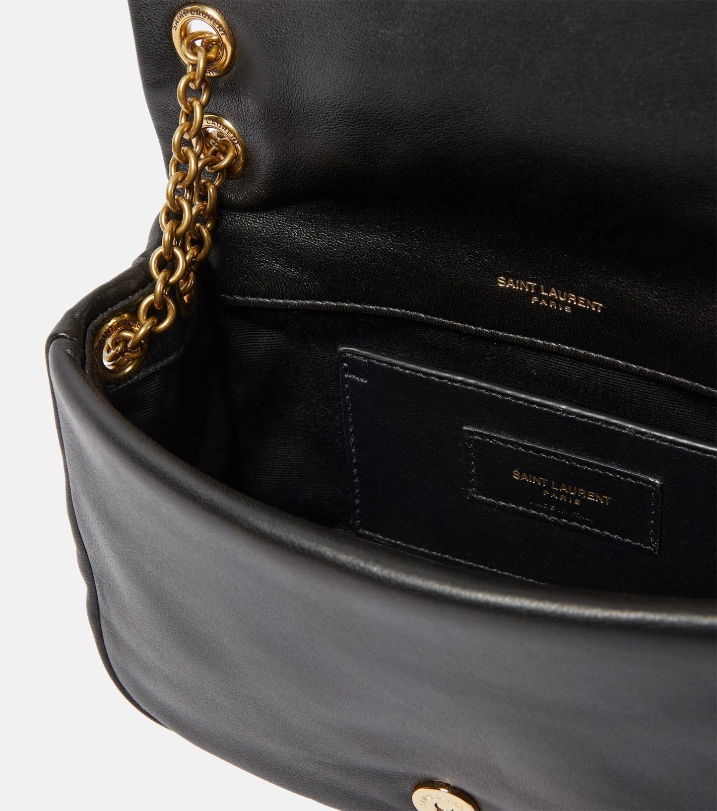 Open Saint Laurent JAMIE 4.3 Mini in Lambskin – Noir 766754AAB321000 with gold chain detail and 'Saint Laurent' branding.