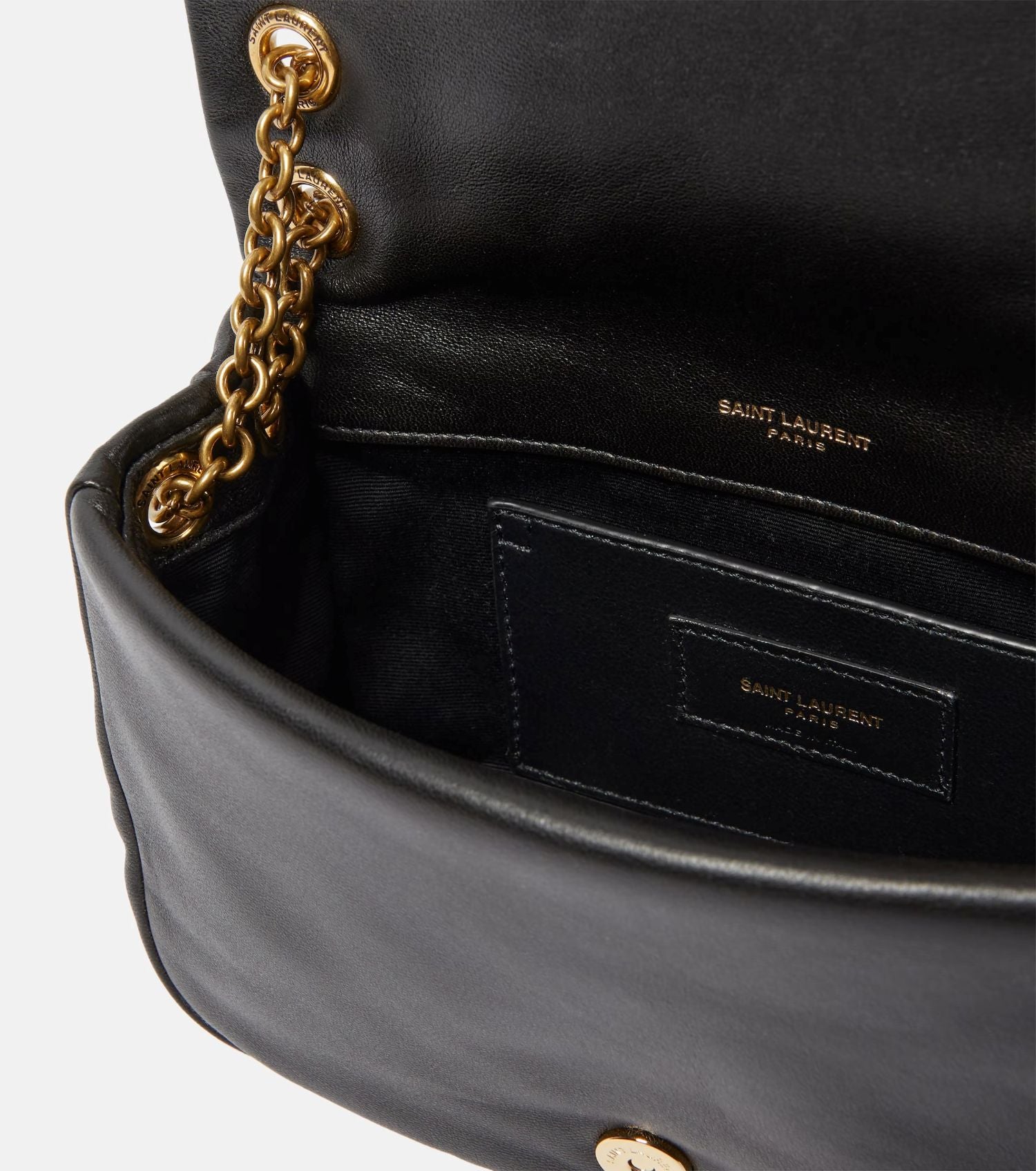 Open Saint Laurent JAMIE 4.3 Mini in Lambskin – Noir 766754AAB321000 with gold chain detail and 'Saint Laurent' branding.