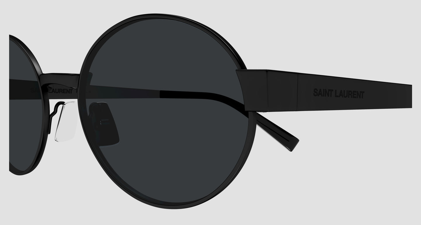 Saint Laurent SL 692 001 Oval Sunglasses with black lenses and frame on a light gray background