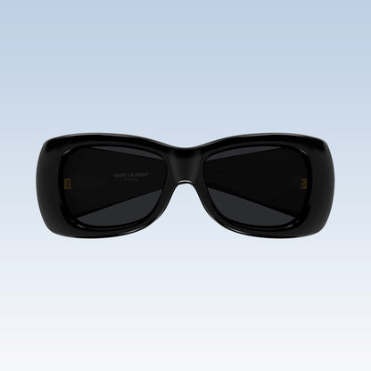 Saint Laurent SL 901 HOWL-001 with a glossy black frame and dark lenses, shown against a light blue gradient background.