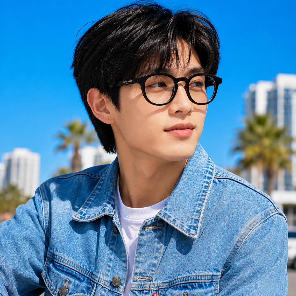 A young man with black hair and Saint Laurent SL 907/F 001 Black Round Eyeglasses, wearing a light blue denim jacket over a white t-shirt, photographed outdoors against a bright blue sky with palm trees and buildings in the background.