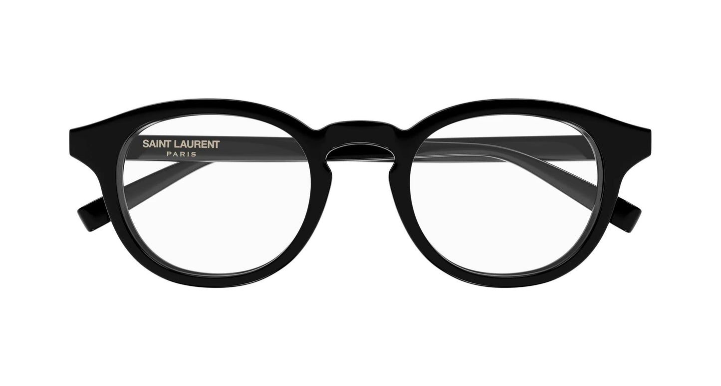 SL 907/F 001 Black Round Eyeglasses with 'Saint Laurent' branding on a white background