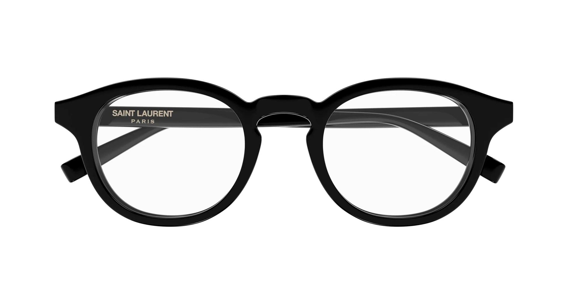 SL 907/F 001 Black Round Eyeglasses with 'Saint Laurent' branding on a white background