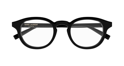 SL 907/F 001 Black Round Eyeglasses with 'Saint Laurent' branding on a white background