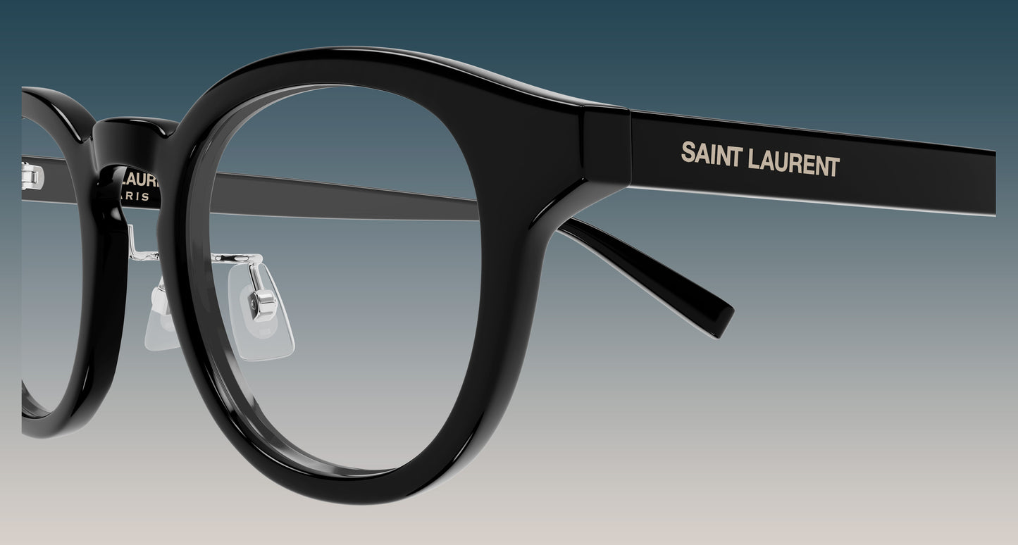 SL 907/F 001 Black Round Eyeglasses with clear lenses, featuring the brand name 'SAINT LAURENT' printed in gold on the temple arm, set against a gradient gray background.