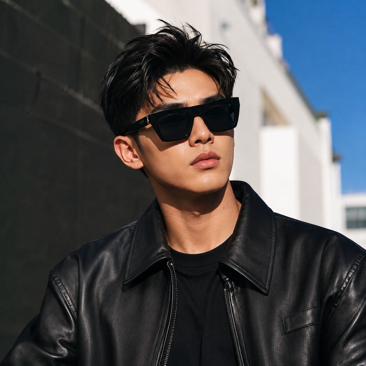 A man wearing Saint Laurent SL M131 001 Black Square Sunglasses and a black leather jacket, photographed outdoors against a dark wall and white building under a blue sky.