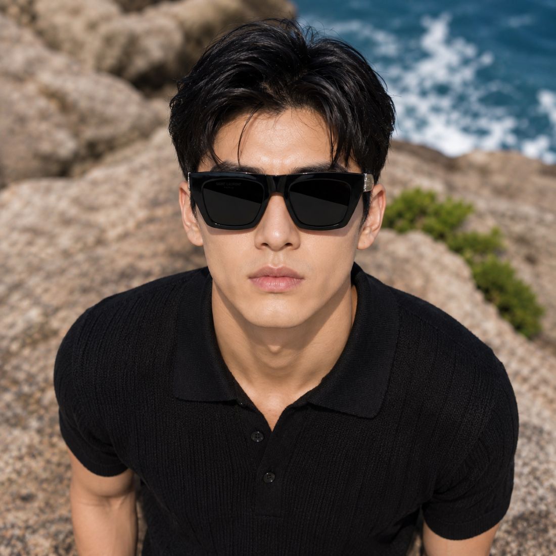 A man wearing Saint Laurent SL M131 001 Black Square Sunglasses and a black polo shirt, photographed outdoors on rocky coastal ground with the ocean in the background.