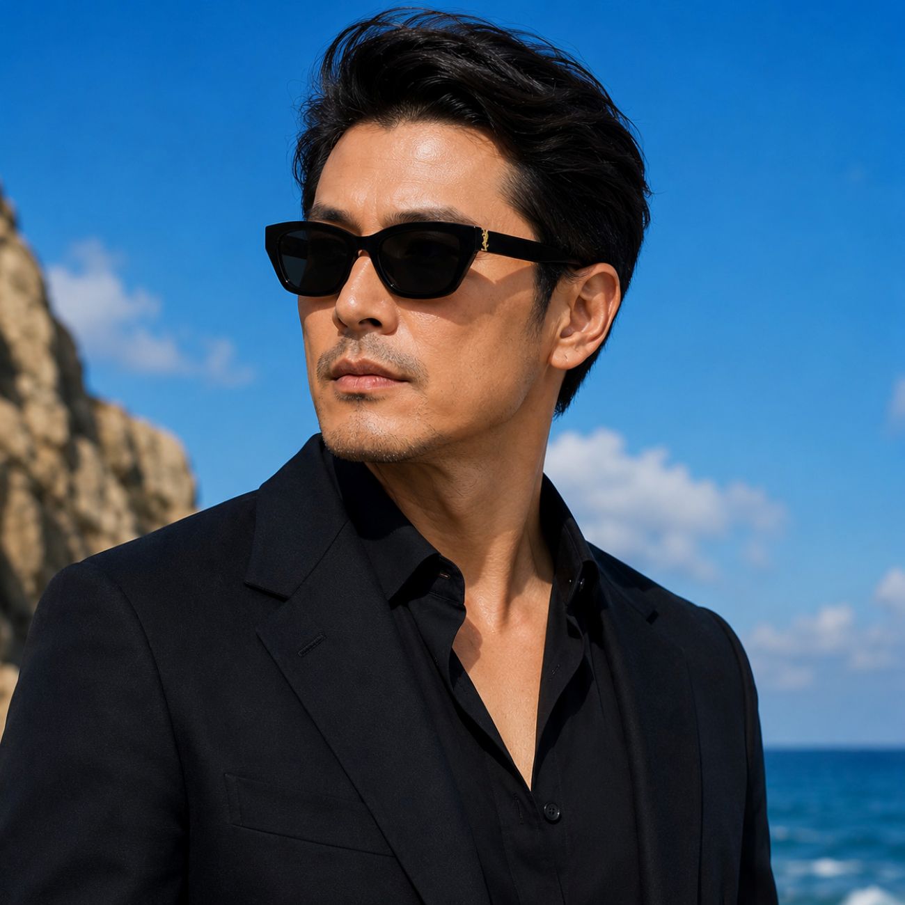 A man wearing Saint Laurent SL M153-001 Black Rectangular Sunglasses and a black blazer over a black shirt, photographed outdoors against a bright blue sky and ocean background.