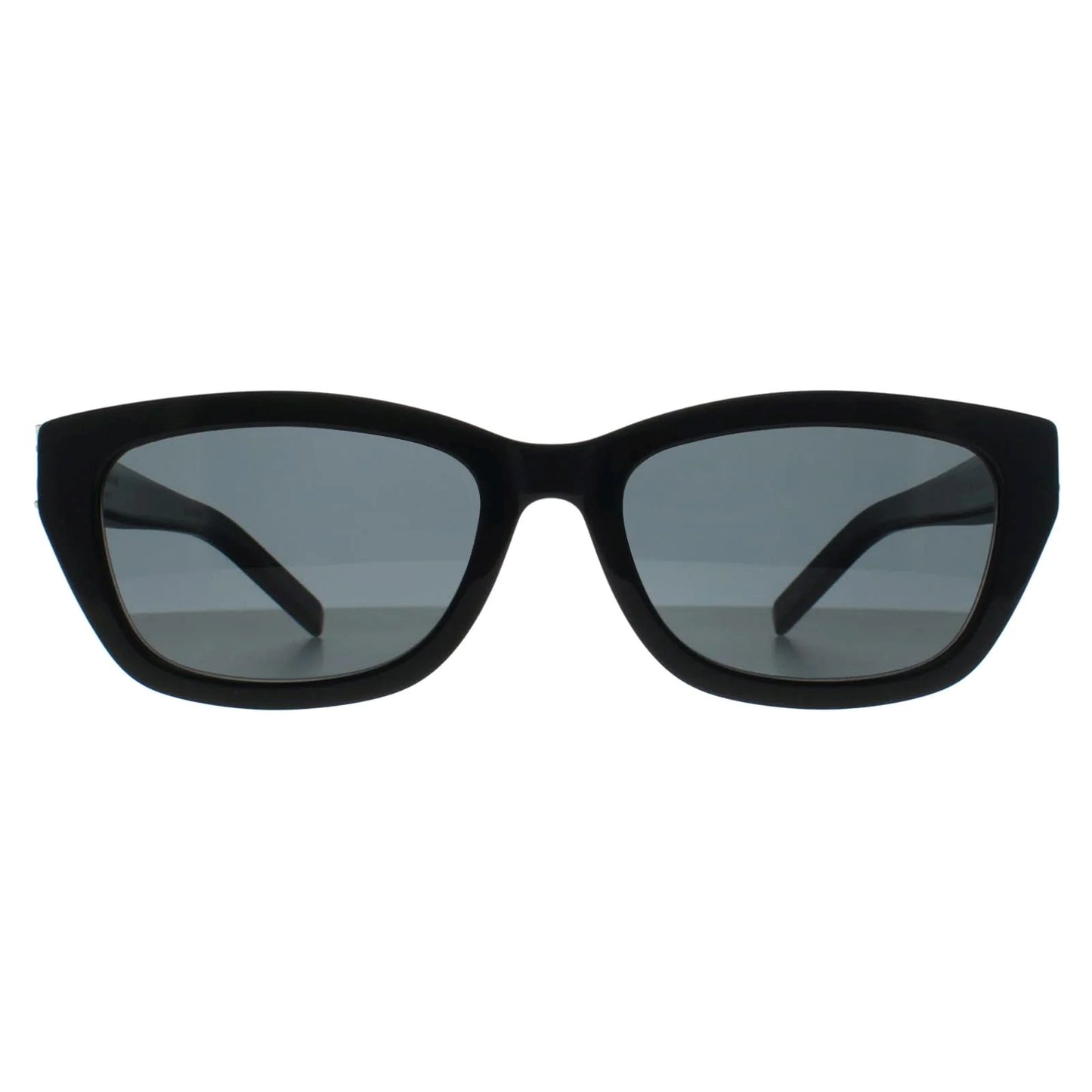 Saint Laurent SL M153-001 Black Rectangular Sunglasses with dark gray lenses, shown from a front-facing perspective on a solid white background.