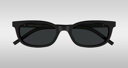 Saint Laurent SL M160-001 Black Oval Sunglasses with a matte frame and dark lenses, shown from the front on a light gray gradient background.
