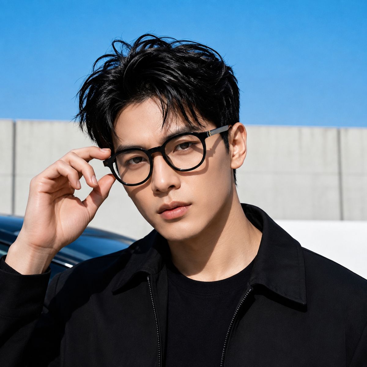 A man wearing Saint Laurent SL M163 001 Black Round Eyeglasses and a black zip-up jacket, adjusting his glasses with one hand against a bright blue sky and concrete wall background.