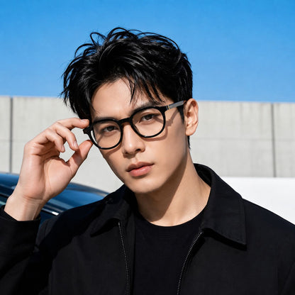 A man wearing Saint Laurent SL M163 001 Black Round Eyeglasses and a black zip-up jacket, adjusting his glasses with one hand against a bright blue sky and concrete wall background.