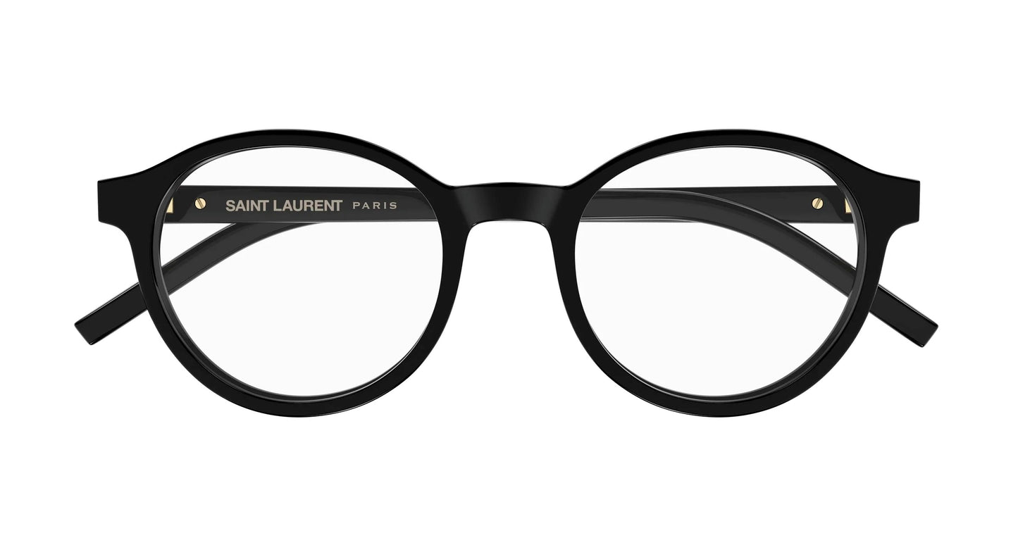 Saint Laurent SL M163 001 Black Round Eyeglasses frames with gold logo detailing on the inner temple, shown against a plain white background.