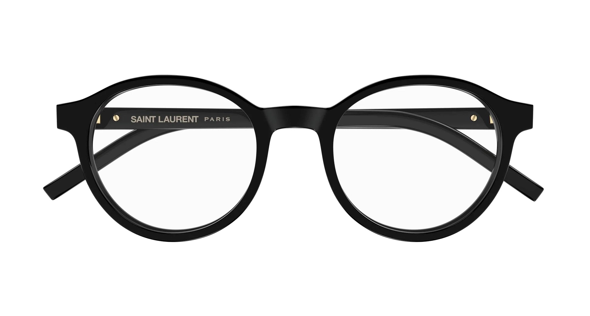 Saint Laurent SL M163 001 Black Round Eyeglasses frames with gold logo detailing on the inner temple, shown against a plain white background.
