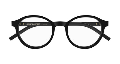 Saint Laurent SL M163 001 Black Round Eyeglasses frames with gold logo detailing on the inner temple, shown against a plain white background.