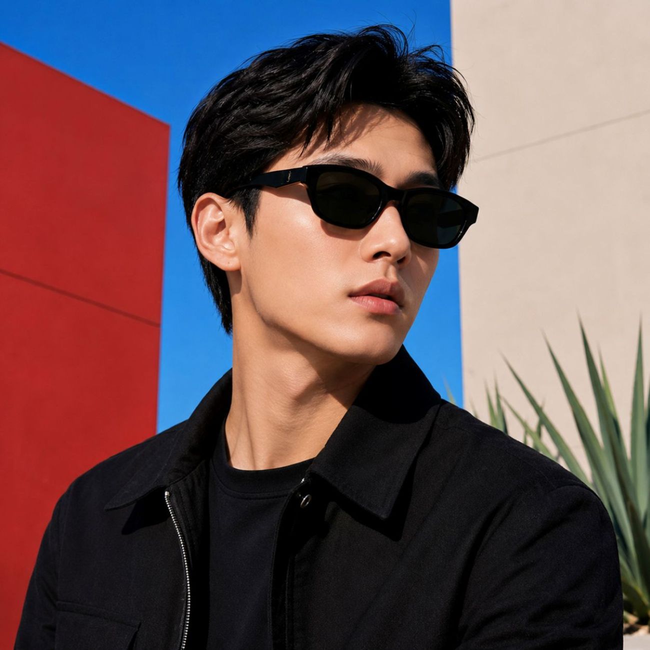 A man wearing Saint Laurent SL M172 001 Black Rectangular Sunglasses and a black jacket, photographed outdoors against a colorful background with red, blue, and beige geometric panels.