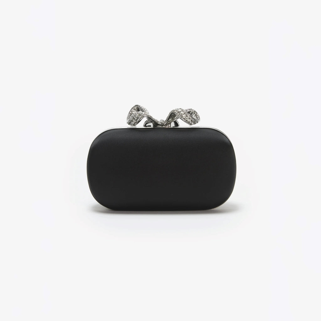 mặt sau túi xách nữ mẫu mang SELF-PORTRAIT BLACK SATIN BOW CLUTCH SS24-311-B 