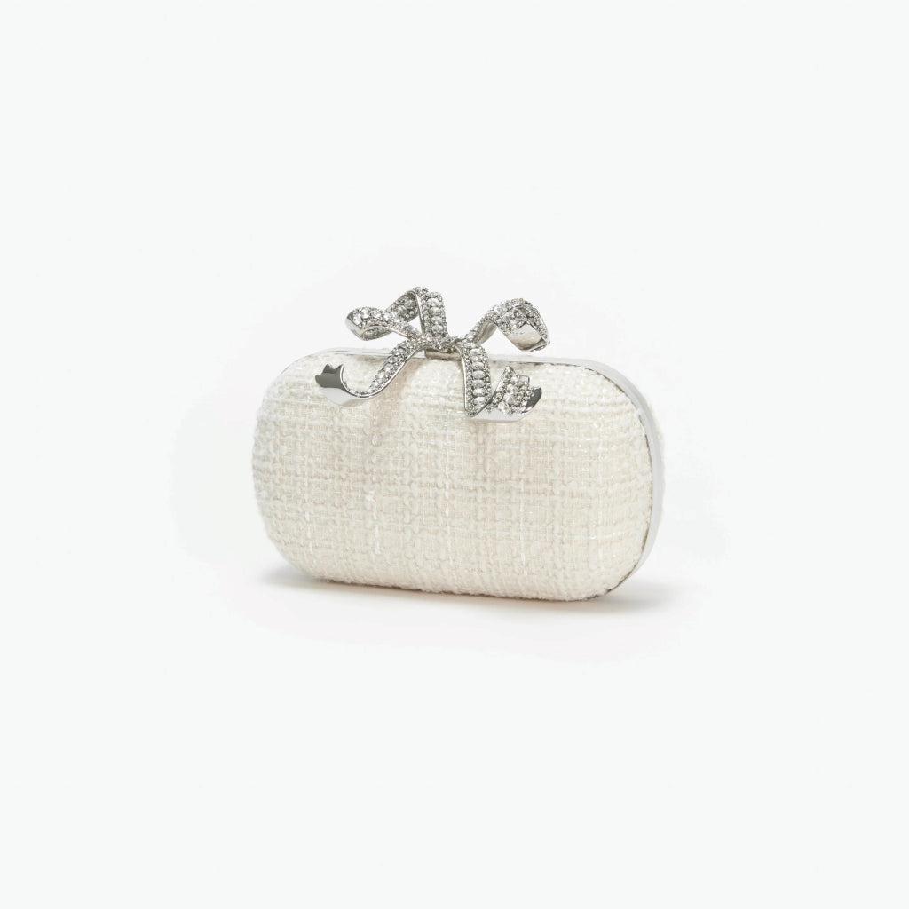 túi cầm tay nữ SELF-PORTRAIT CREAM BOUCLE BOW CLUTCH SS24-313-C