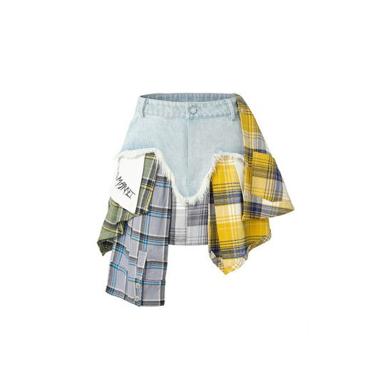 WEIRD MARKET PLAID PATCH DENIM SKIRT YELLOW