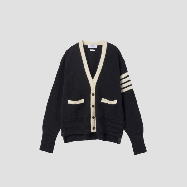 THOM BROWNE BLACK JERSEY STITCH MOHAIR TWEED 4-BAR V-NECK CARDIGAN MKC367BY1502001